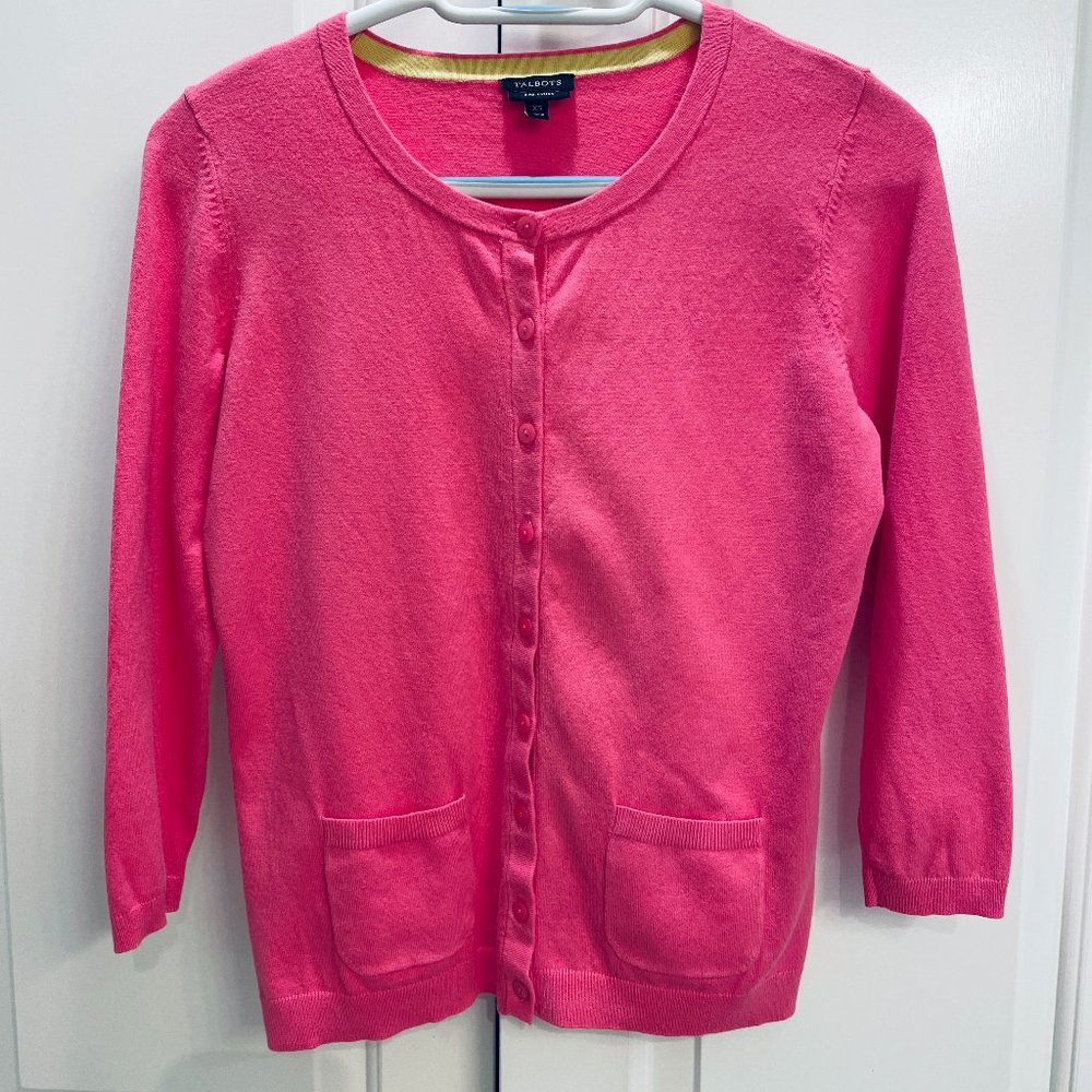 EUC Talbots Petites Pink Cardigan Sweater, 3/4 Sleeve, Patch Pockets, Extra Sml